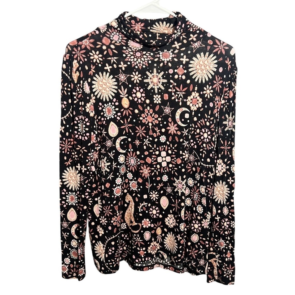 Ann Taylor Women's Black Celestial Print Mock Neck Long Sleeve Top Size L